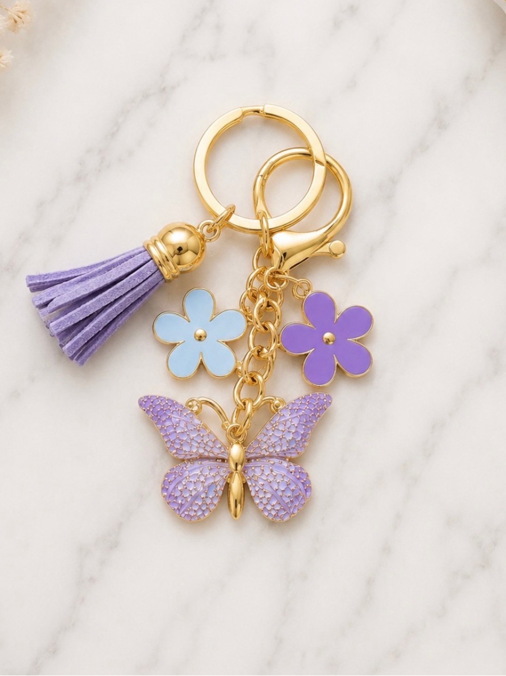 Purple Butterfly Bag Charm Keyring With Flower & Tassel Accent-Gold Hardware